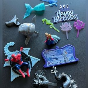 Cake Toppers. Spider-man, Frozen, Whale, Mermaid Set And A Dragon!